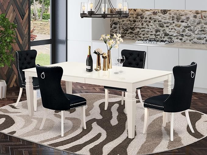 East West Furniture LGDA5-LWH-24 5 Piece Dining Table Set Includes a Rectangle Wooden Table with Butterfly Leaf and 4 Polyester Fabric Upholstered Chairs, 42x84 Inch, linen white