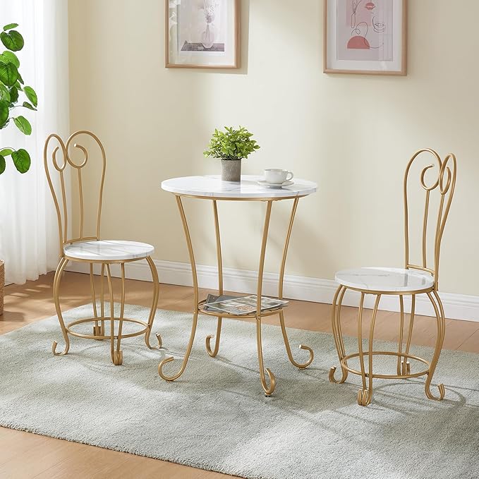 JOIN IRON 2-Piece Bistro Dining Set for Indoor Use, Marble-Look Tabletop with Gold Metal Frame, Vintage French Café Style Round Table and Chairs for Kitchen, Breakfast Nook, Small Apartment (Gold)