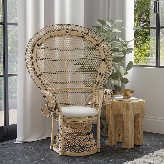 KOUBOO Grand Pecock Retro Peacock Chair in Rattan with Seat Cushion, Natural Color, Large