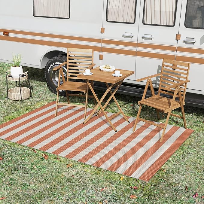 OJIA Outdoor Patio Rug 5'x7', Striped Outdoor Rugs Washable Checkered Area Rugs Cotton Woven Indoor Accent Rugs for Bedroom/Living Room/Front Porch/Deck/Backyard/Camping (Orange/White/Tan)