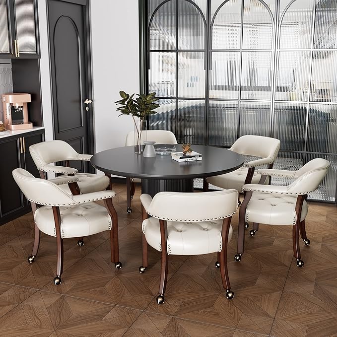 LEEMTORIG Large Dining Chairs with Casters and Arms, Rolling Dining Chairs with Wheels, Accent Game Poker Chairs, Wood Boss Caption's Chairs, 26“Dx25.2 Wx31.5“H, Cherry Legs & Ivory PU, SY-1533-WT