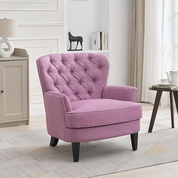 Ball & Cast Accent Chair,Mid-Century Lounge Living Room Chairs with Button Tufting,Upholstered Reading Accent Chair W/Solid Wood Legs and Curved Backrest,for Bedroom,Apartment,Pink