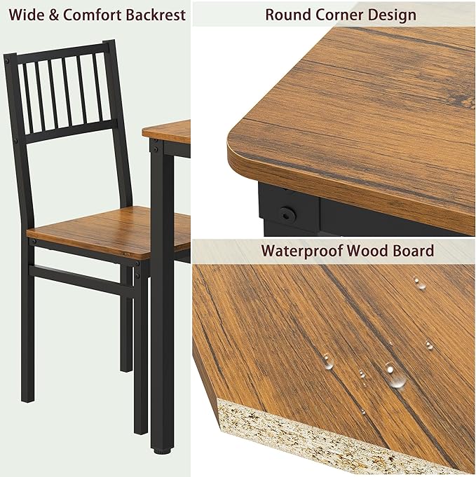 Teraves Dining Table Set for 4/Computer Desk,Kitchen Table with 2 Chairs and a Bench,Table and Chairs Dining Room Set 4 Piece Set for Dining Room (Teak, 110CM)/ 43.31"