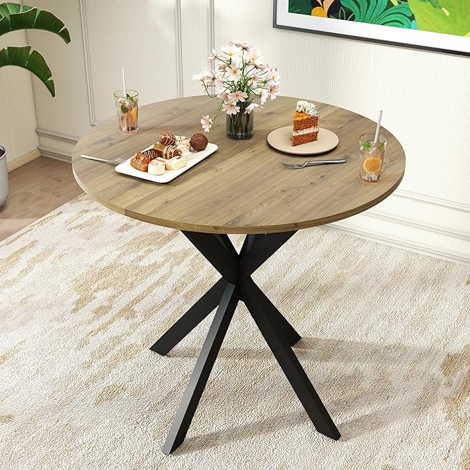 Round Dining Table, 31.5" Small Dining Table for 2-4, Round Kitchen Table with Metal Black Legs, Modern Round Dining Room Table for Kitchen, Apartment, Living Room, Brown