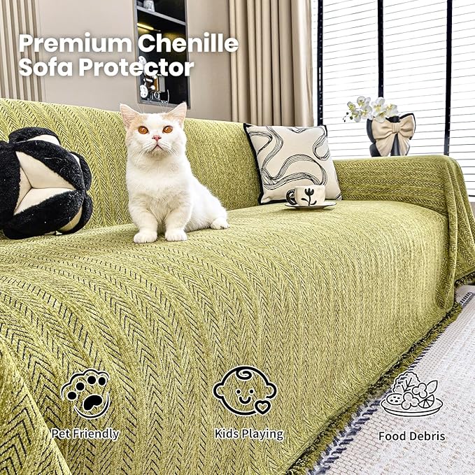 Nobildonna Sofa Cover Washable Soft Thicken Chenille Couch Cover with Tassel,Waterproof Sofa Slipcover for 3-4 Cushion Couch,Sectional Sofa,L-Shaped Furniture Protector Pet-Friendly,Green 71"x150"