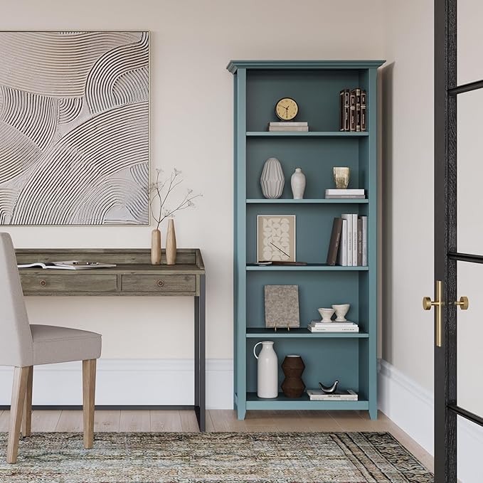 SIMPLIHOME Amherst Bookcase - 70 inch Tall 5-Shelf Solid Wood Bookshelf in French Blue, Transitional Storage for Living Room, Study Room or Office with Adjustable Shelves and Tapered Legs