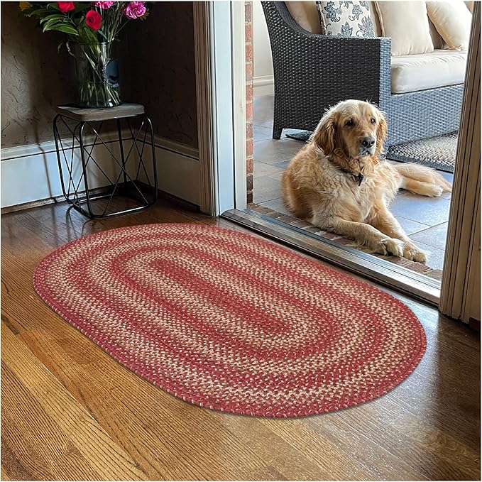 Homespice 27x45” Red Oval Braided Rug. Apple Pie Red Jute Oval Rug. Uses- Entryway, Kitchen Rugs, Bathroom Rugs. Reversible, Rustic, Country, Primitive, Farmhouse Decor Rug