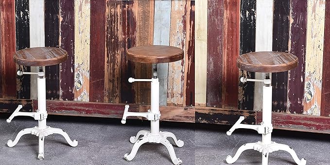 Topower Industrial Retro Vintage Farm Wooden Tractor Stool Kitchen Swivel Height Adjustable bar Stool (Antique White)