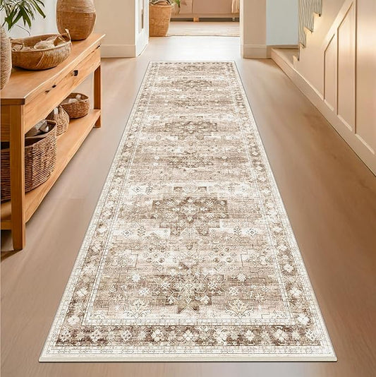 Beige Washable 2'6"x8' Wide Hallway Runners, Kitchen Runner Rug, Non-Slip & Stain Resistant Long Floor Rug, Neutral Boho Floral Decor (2'6"x8' Beige/Latte)