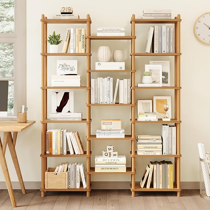 IOTXY Wooden Triple Wide Bookshelf - 6-Tier Large Shelf Bookcase with Solid Beech Frame, Tall Freestanding Open Etagere Display Rack for Home Office, Oak