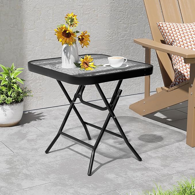 Foldable Outdoor Side Table with Tempered Glass Top Square 18" Folding Patio Side Table Small Glass End Tables for Patio Porch Yard Balcony Deck Lawn Dining Garden (Black)