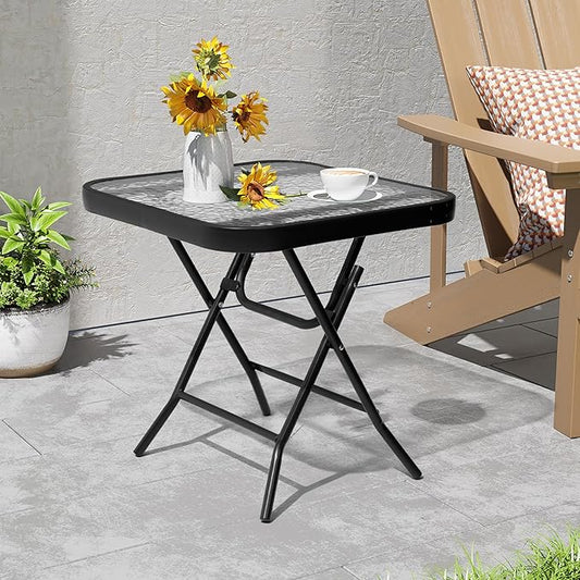 Foldable Outdoor Side Table with Tempered Glass Top Square 18" Folding Patio Side Table Small Glass End Tables for Patio Porch Yard Balcony Deck Lawn Dining Garden (Black)