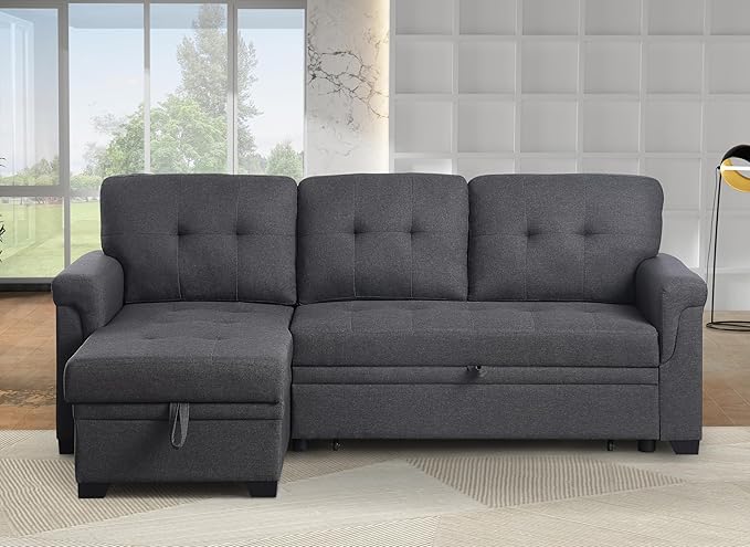 Ball & Cast L-Shape Reversible Sectional Sleeper Sofa Bed 4 in 1 Pull Out Couch with Storage Chaise & Removable Back Cushions,Convertible Sleeper Corner Couch Pull-Out Sofa Bed for Living Room,Office