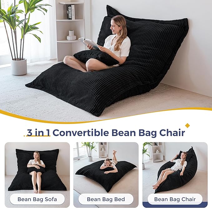MAXYOYO Giant Bean Bag Chair with Pillow, 3 in 1 Convertible Bean Bag Chair for Adults with Washable Cover, Removable Floor Cushion Stuffed Floor Lounger for Living Room Bedroom, Black, Full