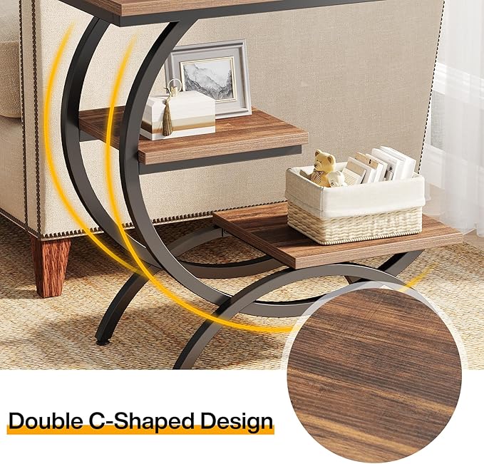 Tribesigns C-Shaped End Table, Industrial 3-Tier Small Side Table for Couch, Wood Bedside Table Snack Side Table with Storage Shelves for Living Room Small Space, Rustic Brown