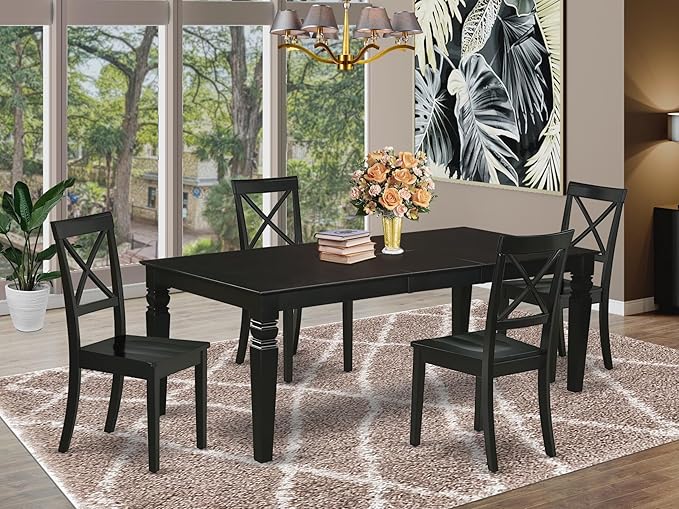 East West Furniture LGBO5-BLK-W 5 Piece Kitchen Table & Chairs Set Includes a Rectangle Dining Room Table with Butterfly Leaf and 4 Dining Chairs, 42x84 Inch, Black