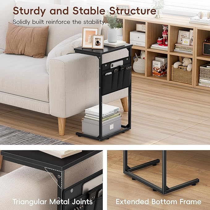 Vagusicc C Shaped End Table Set of 2, Tall Side Table for Sofa, Small Couch Side With Storage Bag, TV Tray for Small Spaces, Sturdy Slide Under Sofa With Metal Frame for Living Room