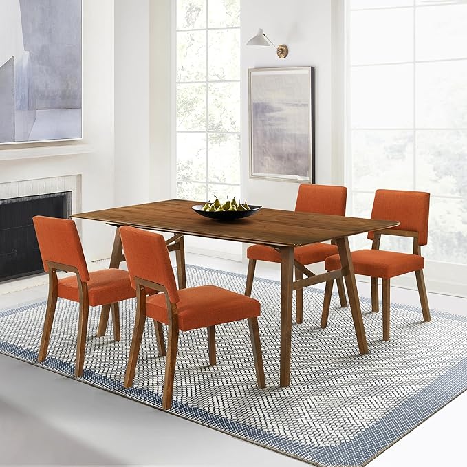 Armen Living Channell Mid Century Modern 5 Piece Walnut Wood Dining Table Set with Orange Fabric