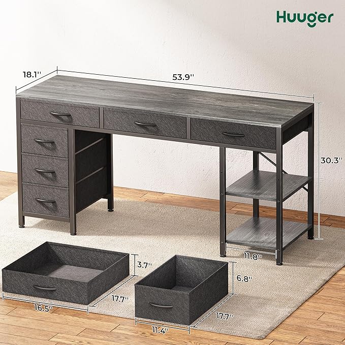 Huuger Computer Desk with 6 Drawers, 47 Inch Office Desk with Shelves, Reversible Gaming Desk, Corner Desk with Storage, Work for Home Office, Study, Living Room, Gray