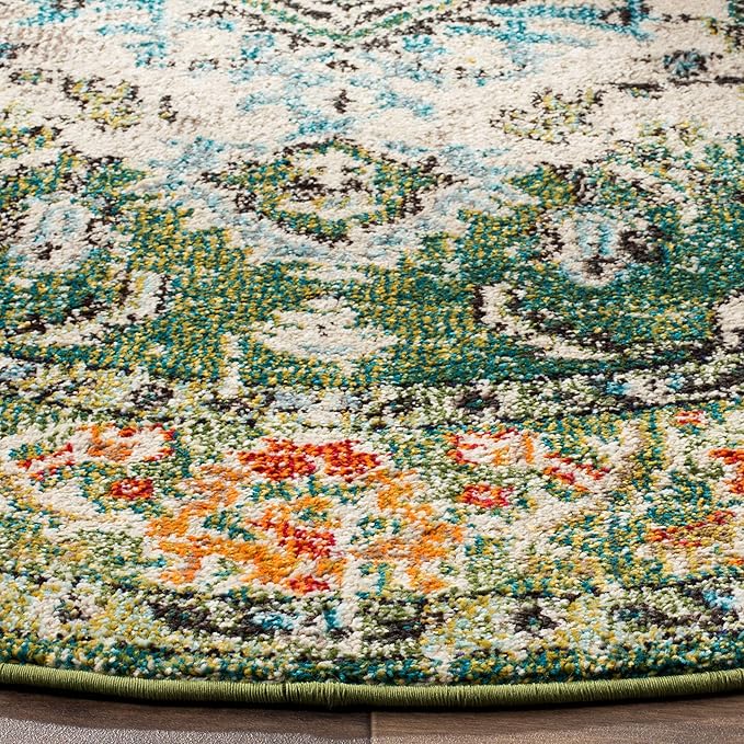 SAFAVIEH Monaco Collection Area Rug - 10' Round, Forest Green & Light Blue, Medallion Distressed Design, Non-Shedding & Easy Care, Ideal for High Traffic Areas in Living Room, Bedroom (MNC243F)