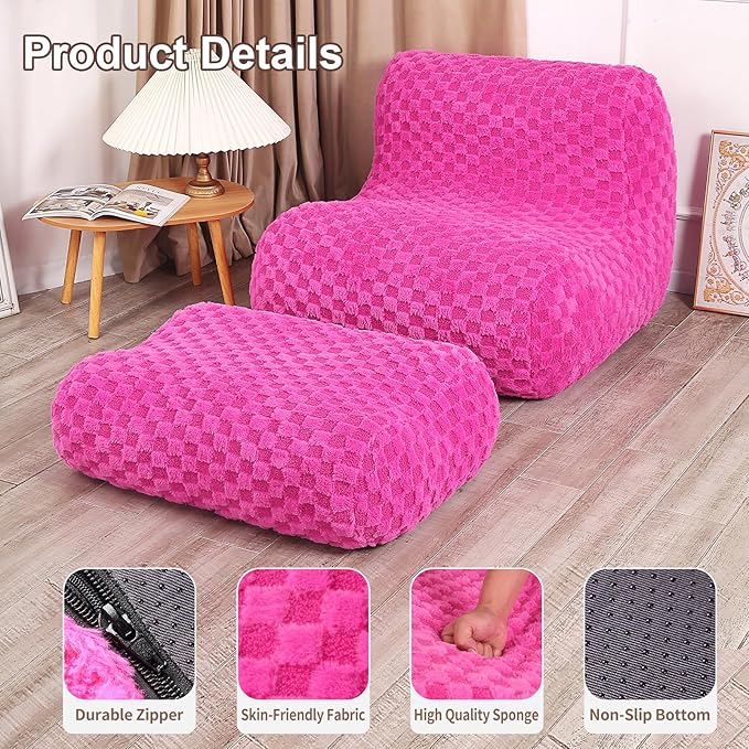Bean Bag Chair with Footstool, Comfy Reading Sofa Chair for Adults, Modern Floor Sofa for Livingroom, Bedroom, Pink