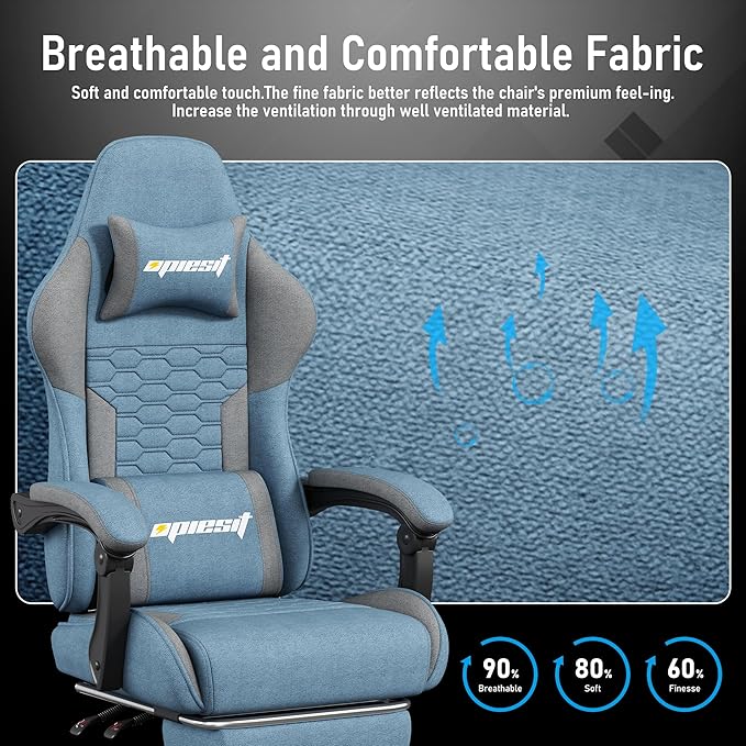 Gaming Chair, Computer Chairs for Adults with Lumbar Support and Massager, Comfortable Gamer Chair with Footrest & Pocket Spring Cushion, Ergonomic Home Office Chair, Blue, Fabric