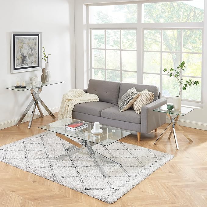 Modern Style Console Table Narrow Sofa Table with Tempered Glass Top and Metal Tubular Legs, 45" Lx18 Wx30 H, Silver