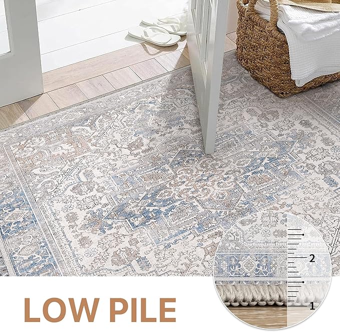 GENIMO 10x14 Area Rugs for Living Room, Machine Washable Non Slip Vintage Retro Rugs, Low Pile Lightweight Thin Print Rug for Bedroom, Dining Room, Home Office, Khaki Blue