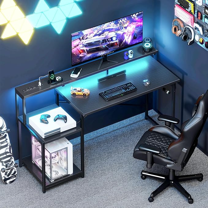 AODK Computer Desk, 56 Inch Gaming Desk with Led Lights & Power Outlet, Office Desk with Storage Shelves, Reversible Desk with Monitor Shelf & Headphone Hook, Carbon Fiber Black