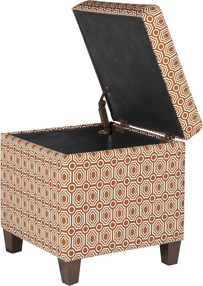 HomePop Upholstered Storage Cube Ottoman with Hinged Lid, Orange Geometric 17" x 17" x 18"