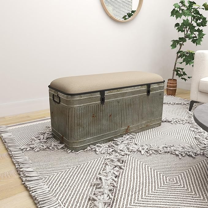 Deco 79 Metal Room Storage Bench Galvanized Entryway Bench with Cream Burlap Top and Black Latches, Bench 38" x 16" x 19", Gray