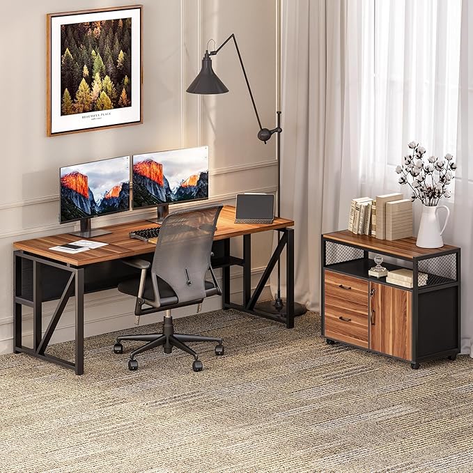 LITTLE TREE 63-Inch Office Desk with 31.5-Inch Lateral File Cabinet, Study Writing Desk Computer Desk for Home Office