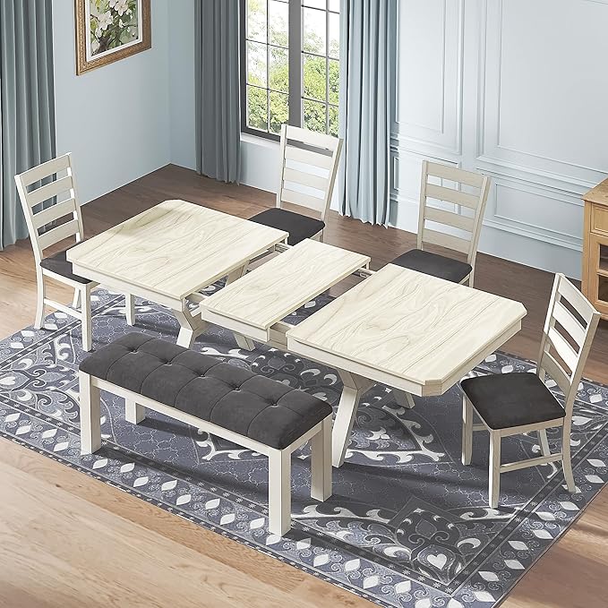 6-Piece Solid Wood Dining Table Set for 6, Modern Breakfast Dinette Kitchen Table with Bench & Chairs for Dining Room, Kitchen, Grey