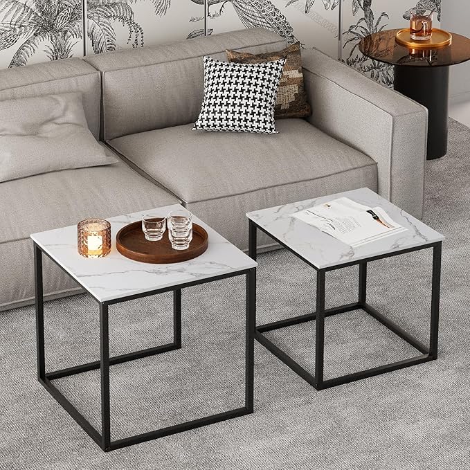 Garden 4 you Coffee Table Set of 2, Modern Faux Marble Nesting Table, Metal Frame Square Center Table Set, Side Tables, Nesting Coffee Table for Living Room, Bedroom and Small Spaces, 19.7in Black