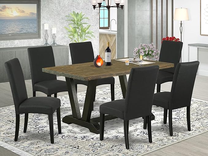 East West Furniture V676DR124-7 7 Piece Dining Room Table Set Consist of a Rectangle Dining Table with V-Legs and 6 Black Color Linen Fabric Upholstered Chairs, 36x60 Inch, Multi-Color
