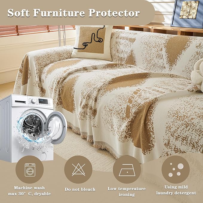 MYSKY HOME Couch Cover for Dogs Washable Khaki Rhombic Couch Sofa Protector Dogs Pets Friendly Chenille Geometric Sofa Covers Soft Durable Farmhouse Sofa Slipcovers, 71" X102"