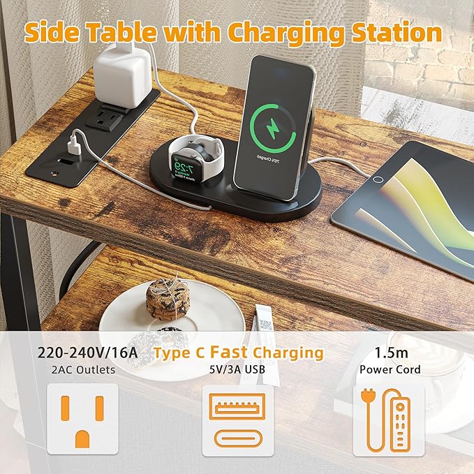 TIQLAB End Table with Charging Station, Narrow Side Table with 2 Fabric Drawers, Nightstand with LED Light, Slim Bedside Table for Bedroom, Living Room, Small Spaces, Brown