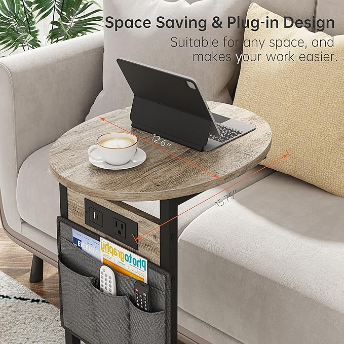 Vagusicc C Shaped End Table with Charging Station, Small Side Table for Couch, Slide Under Sofa Table for Living Room Bedroom, Round Couch Side Table, C Table for Couch Snack Table TV Tray, Greige