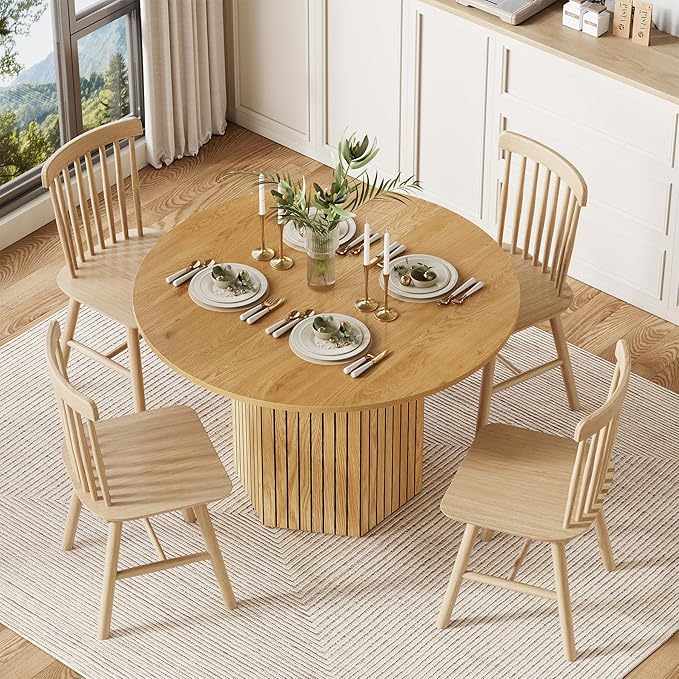 LITTLE TREE Round Wood Dining Table, 47-Inch Small Dining Table for 4, Modern Circle Kitchen Table with Wood Strip Base for Kitchen Living Room, Walnut