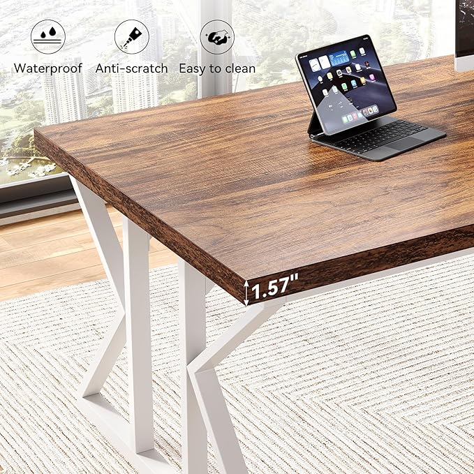 LITTLE TREE 78.7 Inch Large Executive Desk, Modern Computer Office Desk, Wooden Writing Desk Study Table for Home Office, Rustic Brown-White