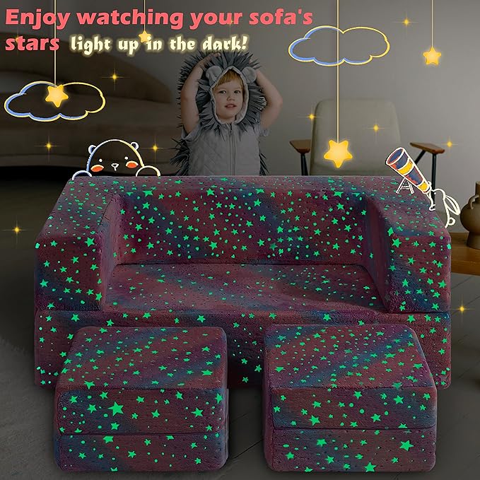 Kids Couch, Glow in The Dark Modular Explore Sofa for Toddler 3 in 1 Fold Out Sofa, Convertible Plush Couch with Washable and Durable Covers