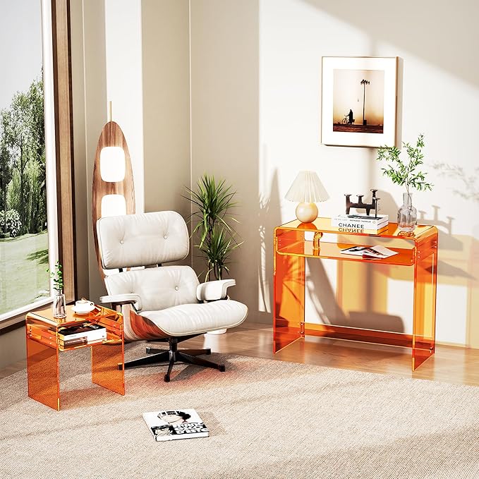 Clear Acrylic End Table 2-Tier Bedside nightstand for Living Room Bedroom Home Decor (Orange)