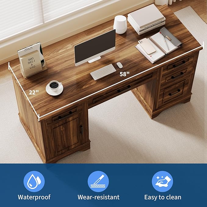 Executive Office Desk, Farmhouse 58" Office Desk with Storage, Wood Executive Computer Desk with Keyboard Tray, File Drawer, Storage Cabinet for Home Office Remote Work-Brown Wood