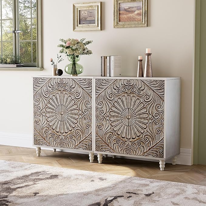 COSIEST Set of 2 32" Buffet Sideboard Cabinets with Storage, Accent Cabinet with Push-to-Open Doors, Vintage Flower Carved Pinewood Doors, Entryway Console for Living Room, Kitchen, Hallway, Gray
