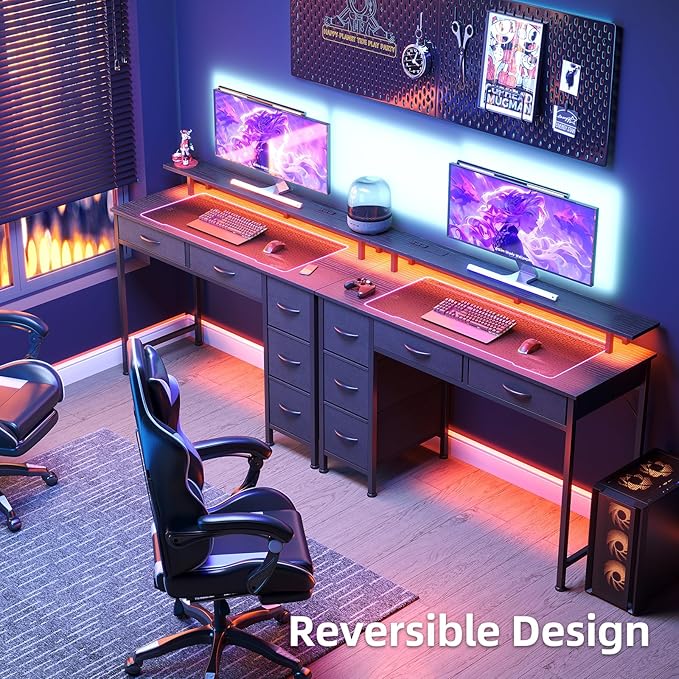 Computer Desk with 5 Drawers, Gaming Desk with LED Lights Power Outlets and Type-C, 47 Inch Office Desk with Storage, Monitor Stand, Writing Desk Work Table for Home Office, Small Spaces, Black