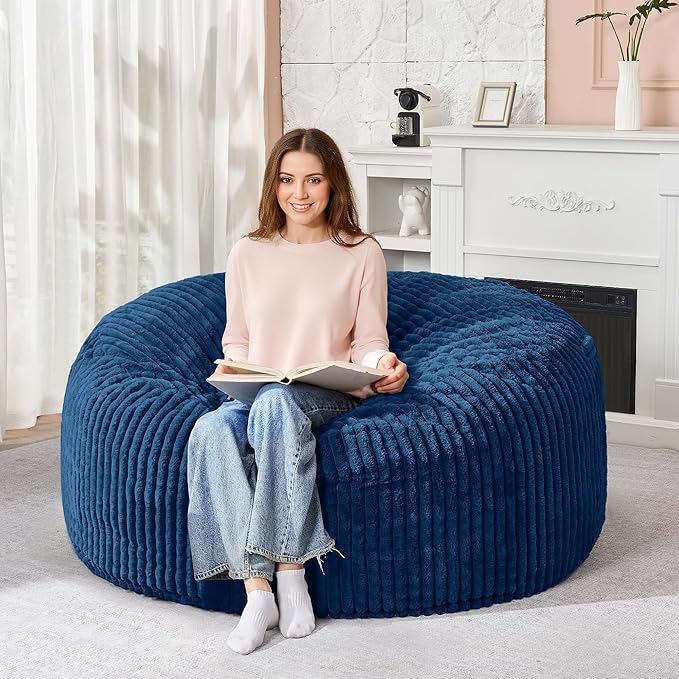 HABUTWAY 4FT Bean Bag Chair, 4' Large Bean Bag Chairs for Adults with Removable Stripe Plush Cover, Memory Foam Beanbag Chair for Living Room Bedroom Dorm (Blue)