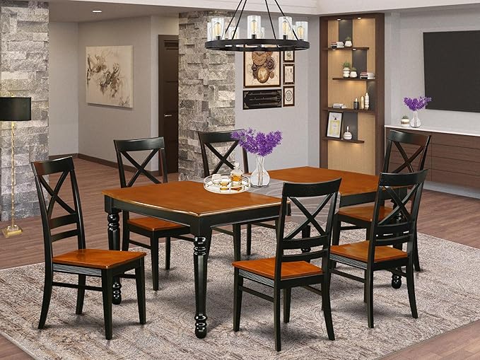 East West Furniture DOQU7-BCH-W 7 Piece Dining Table Set Consist of a Rectangle Dining Room Table with Butterfly Leaf and 6 Wood Seat Chairs, 42x78 Inch, Black & Cherry