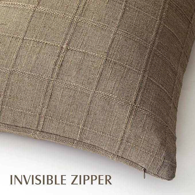 Foindtower Set of 2 Decorative Linen Check Throw Pillow Covers Neutral Long Body Lumbar Cushion Covers Farmhouse Vintage Boho Home Decor For Sofa Chair Couch Bedroom Living Room,14×36 Inch,Light Brown