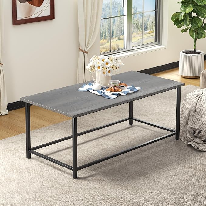 SENIG Modern Industrial Style Rectangular Coffee Table, Grey Wood and Sturdy Metal Side End Table, Rustic Accent Functional Coffee Table for Living Room. 39.3 x 20 x 16