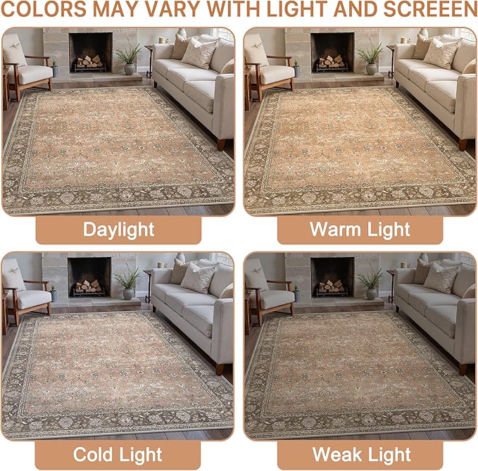 10X12 Area Rugs Machine Washable Rugs for Living Room, Vintage Boho Large Rugs for Bedroom Dining Room, Non Slip Indoor Soft Distressed Lightweight Thin Low Pile Carpet, Chestnut